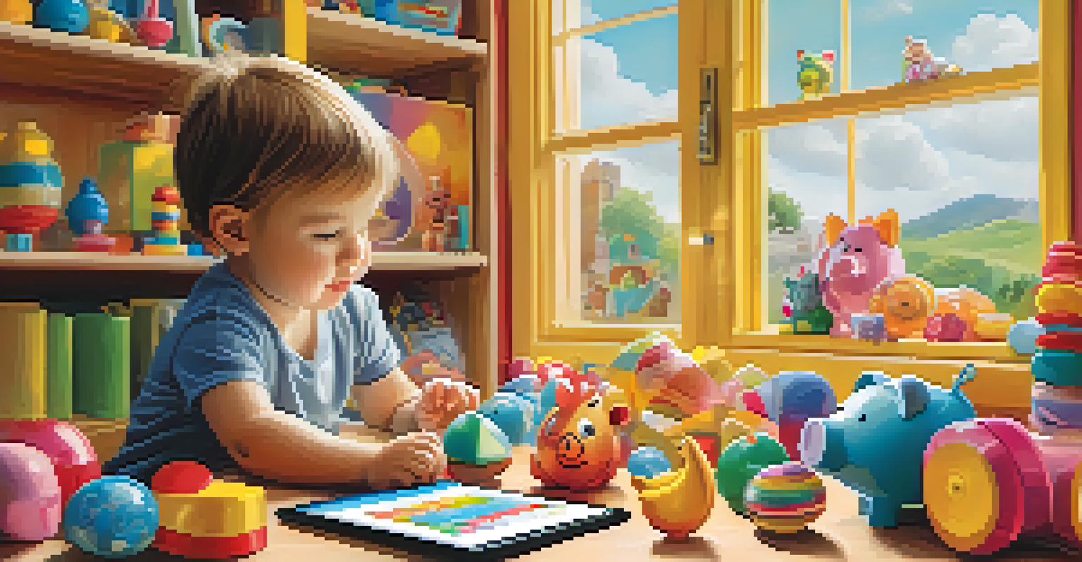 A young child with a piggy bank excitedly pointing at a tablet displaying a stock chart, surrounded by colorful toys.