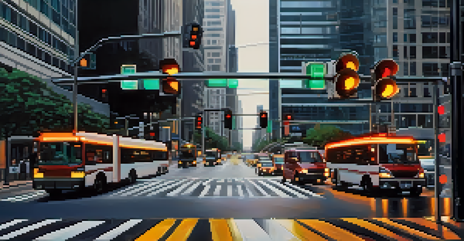 Close-up of a smart traffic light system at an intersection, with visible technology and a busy street in the background.