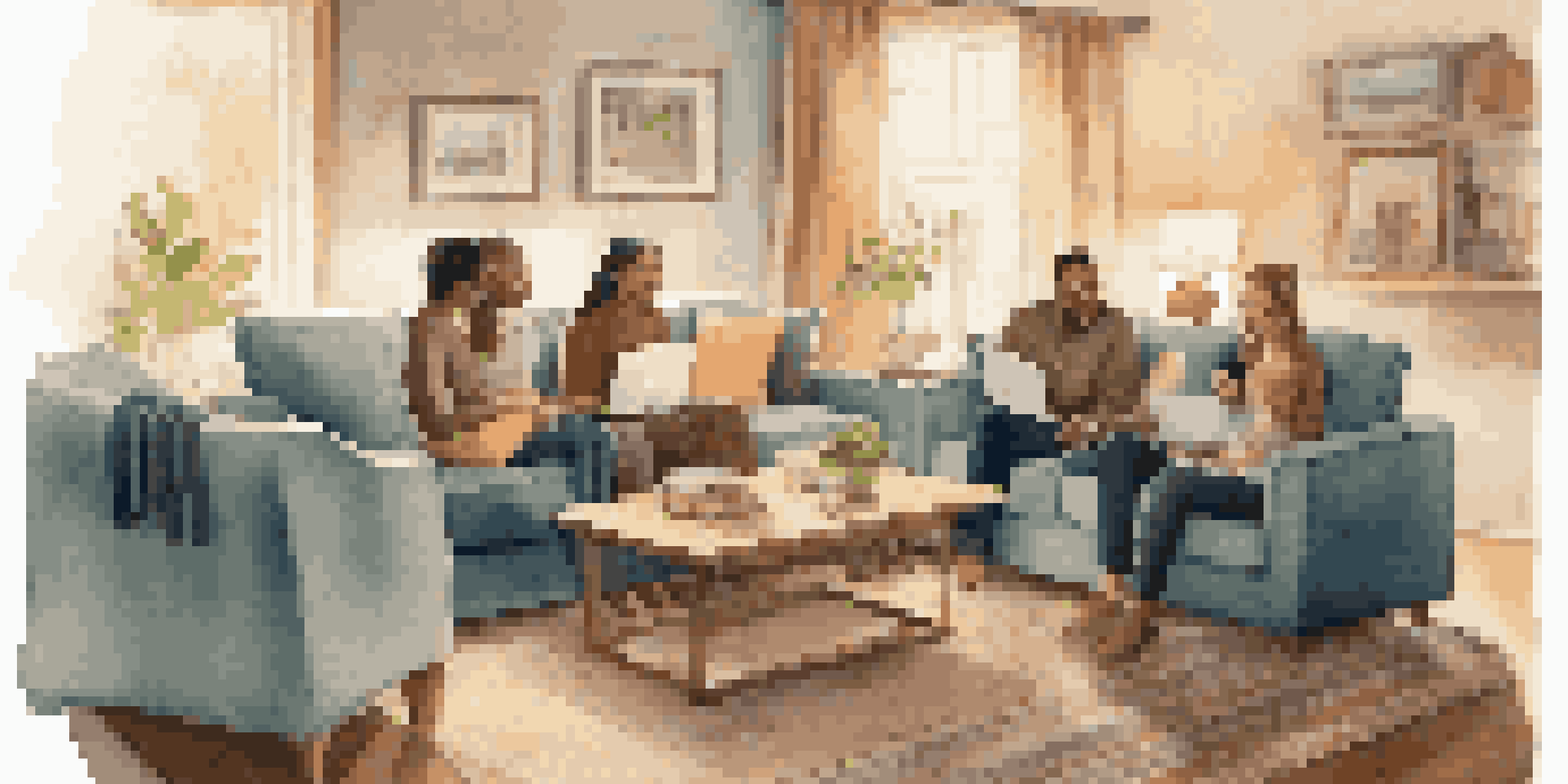 A family gathering in a cozy living room with warm lighting, discussing financial planning.