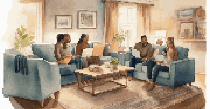 A family gathering in a cozy living room with warm lighting, discussing financial planning.