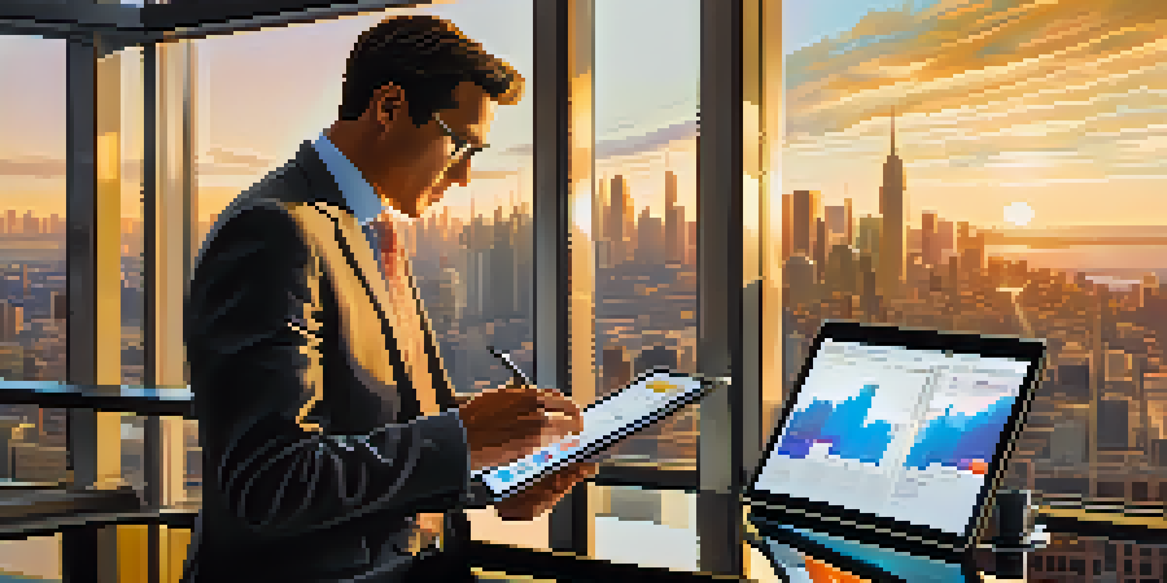 A venture capitalist reviewing digital reports with a city skyline in the background during sunset.