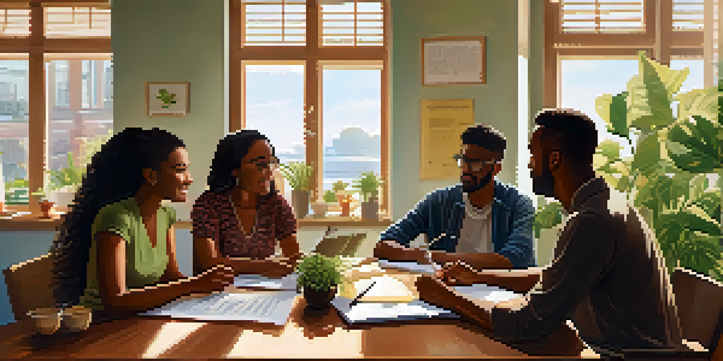 A diverse group of individuals discussing financial goals around a wooden table in a sunlit room, with papers and laptops open.