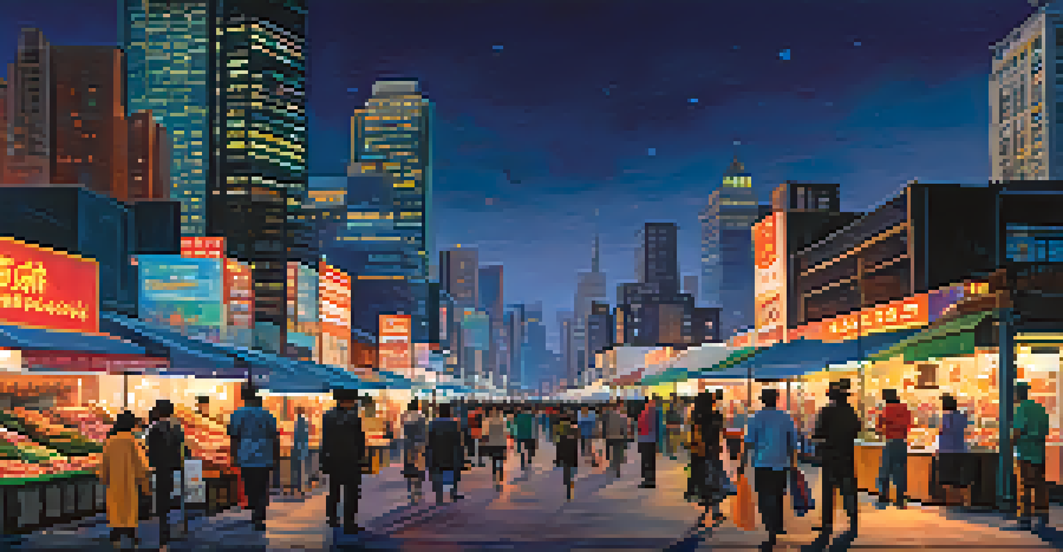 A lively city skyline at dusk with colorful lights and a busy street scene.