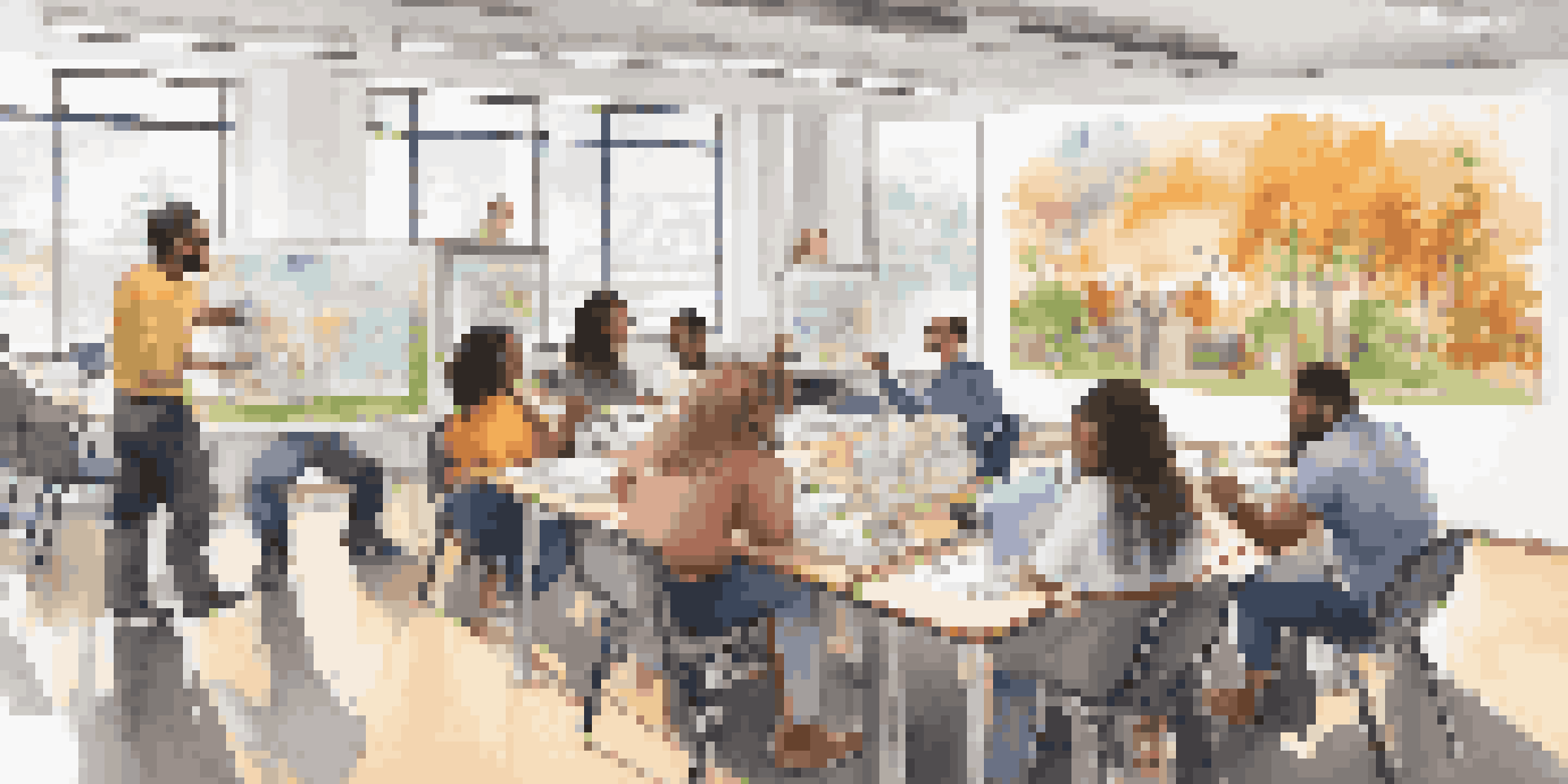 A vibrant classroom scene where diverse students collaborate on socially responsible investing concepts, surrounded by educational materials and technology.