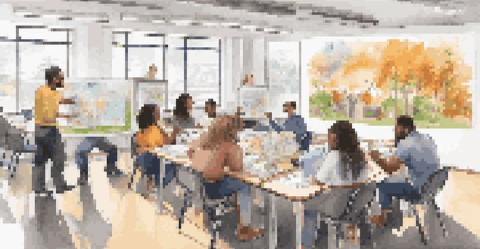 A vibrant classroom scene where diverse students collaborate on socially responsible investing concepts, surrounded by educational materials and technology.