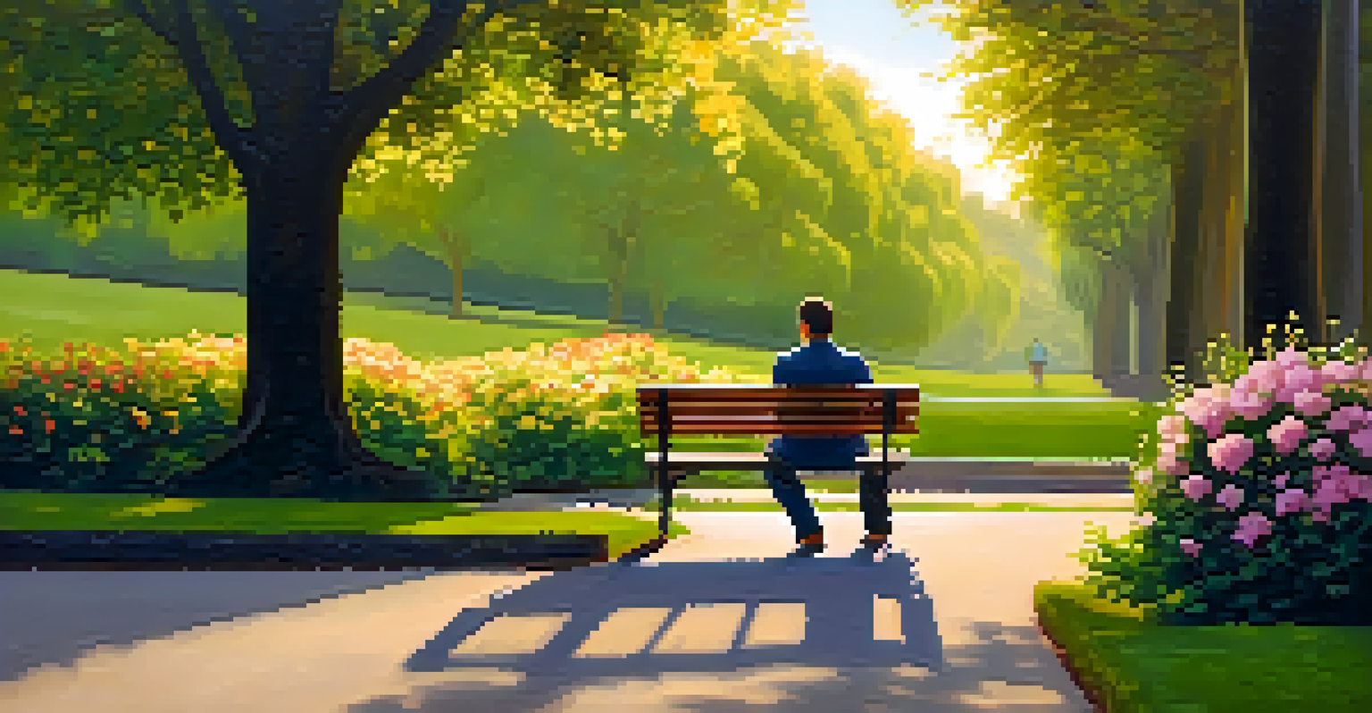 A person sitting on a park bench with a notebook, surrounded by greenery and flowers during sunset.