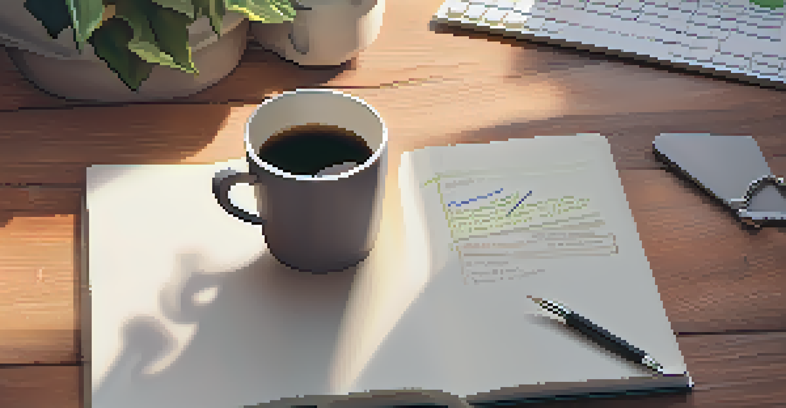 A hand writing financial goals in a notebook with a cup of coffee and a laptop in the background.