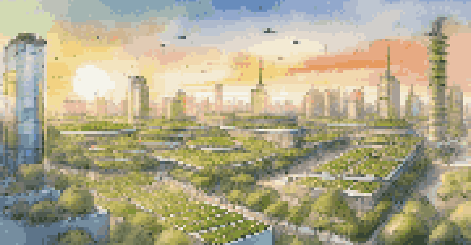 A futuristic city with renewable energy technologies, featuring green rooftops, solar panels, and electric vehicles under a sunset sky.