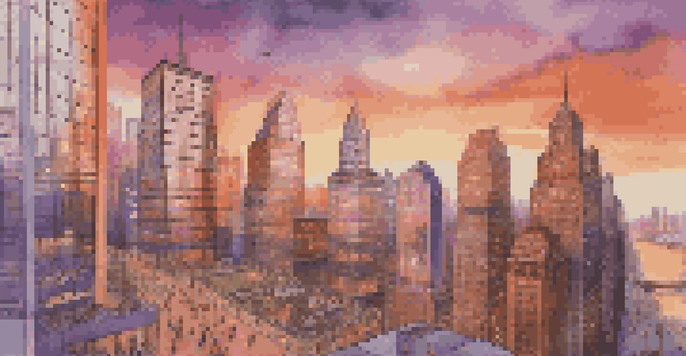 A city skyline during sunset with investment bank buildings and professionals discussing in the foreground.