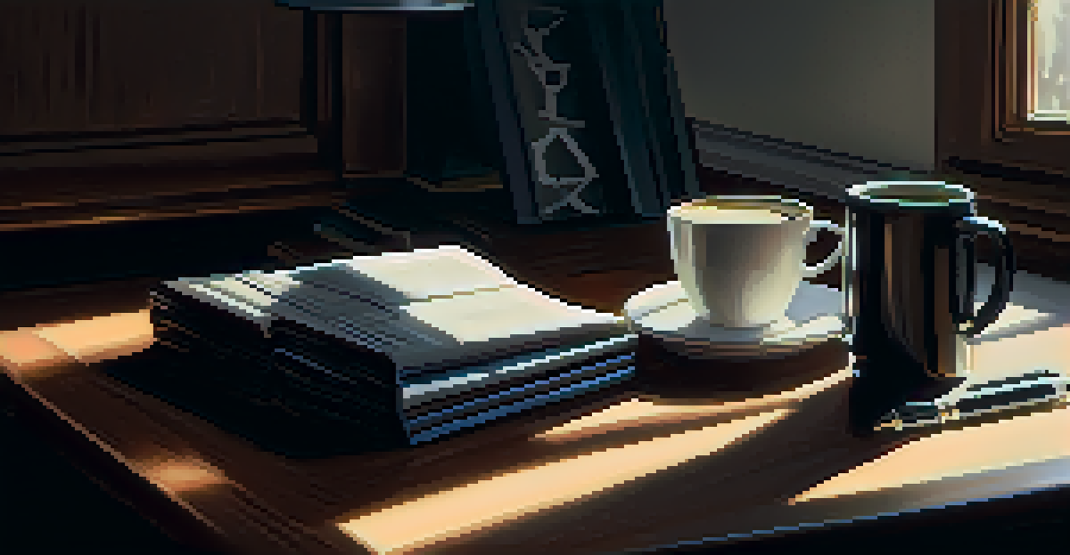 A tidy desk with a laptop, notepad, and coffee, illuminated by soft sunlight.