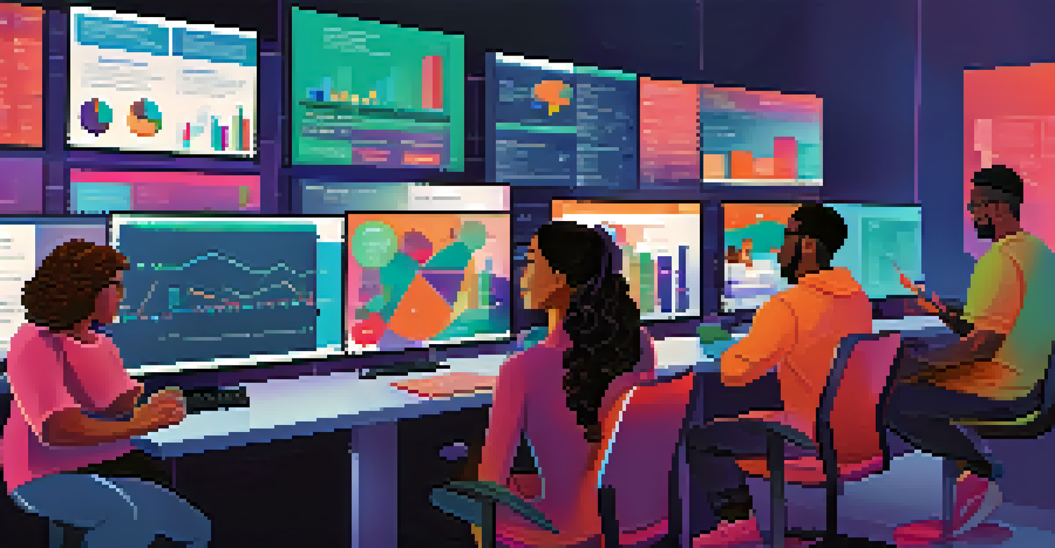 A diverse group of young adults engaged in a virtual finance seminar, with colorful slides on their computer screens.