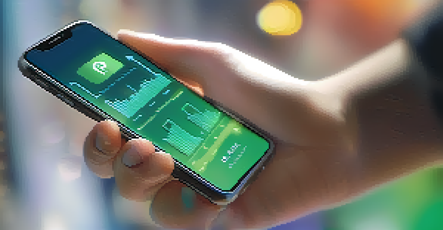 Hands holding a smartphone with a financial app showing a graph, set against a blurred background.