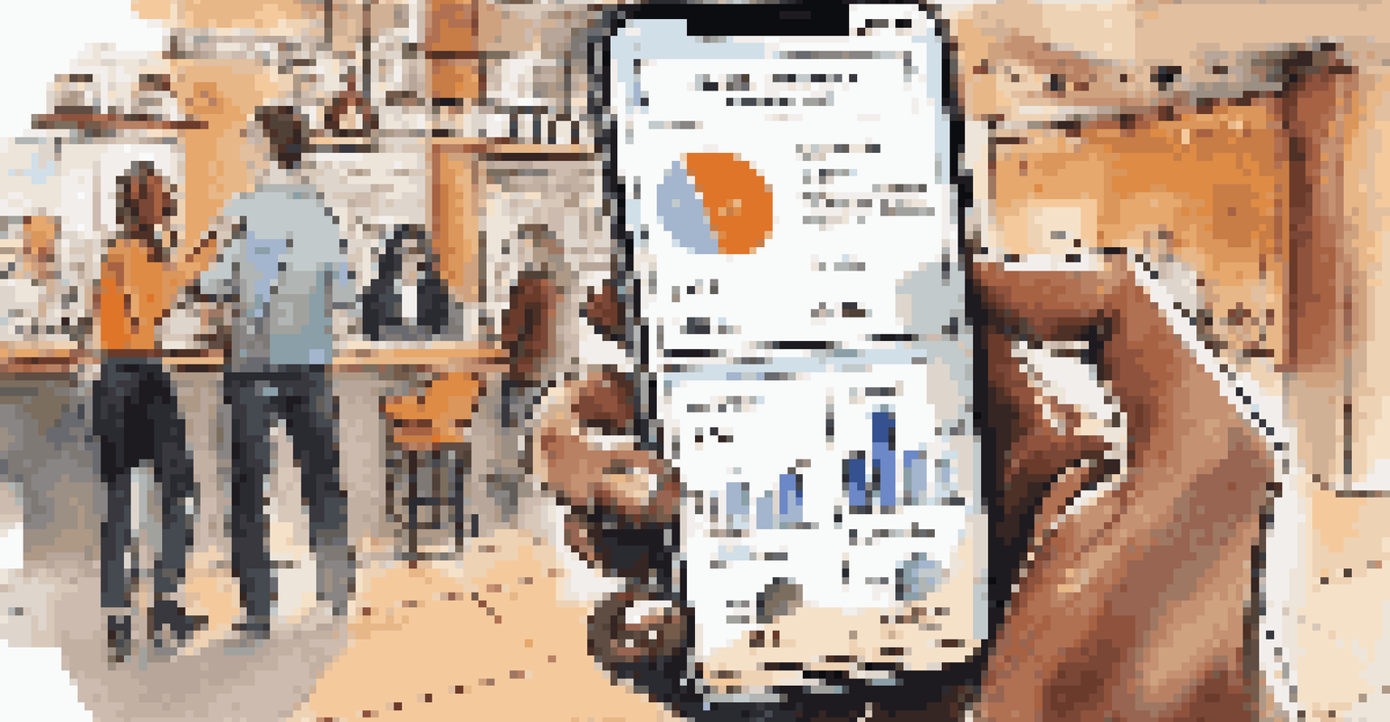 A close-up of a hand with a smartphone showing a startup investment app in a trendy coffee shop.