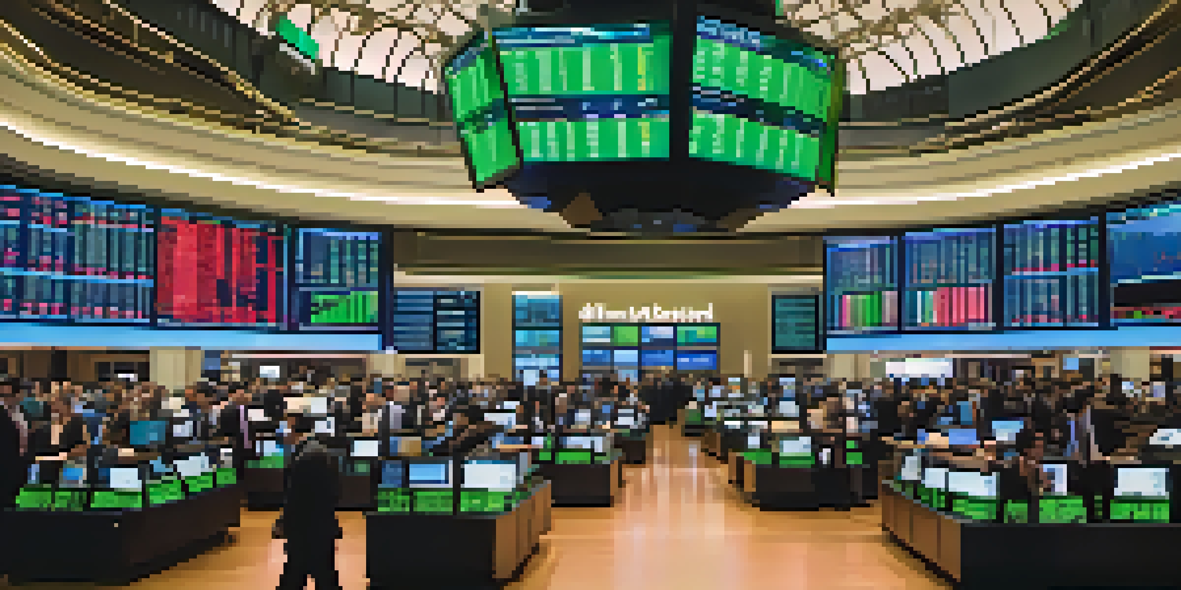 A busy stock exchange floor with traders, large screens showing stock prices, and a vibrant atmosphere.