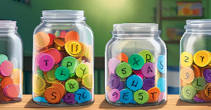 A table filled with colorful savings jars for children, each labeled with different goals, and a happy child in the background.