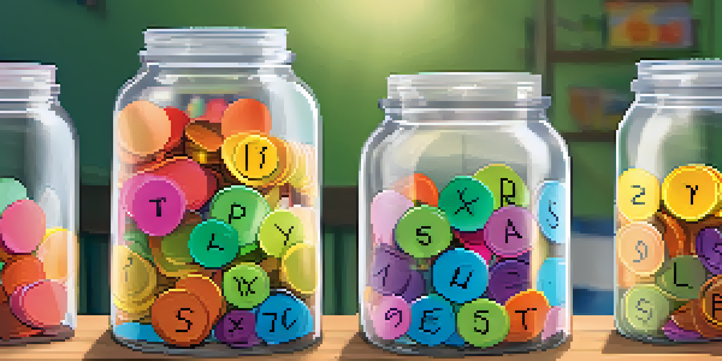 A table filled with colorful savings jars for children, each labeled with different goals, and a happy child in the background.