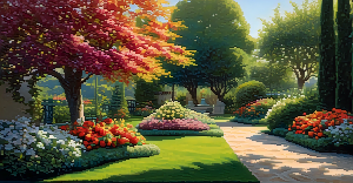 A beautifully landscaped garden with fruit trees and colorful flowers, bathed in warm sunlight, featuring a wooden bench.