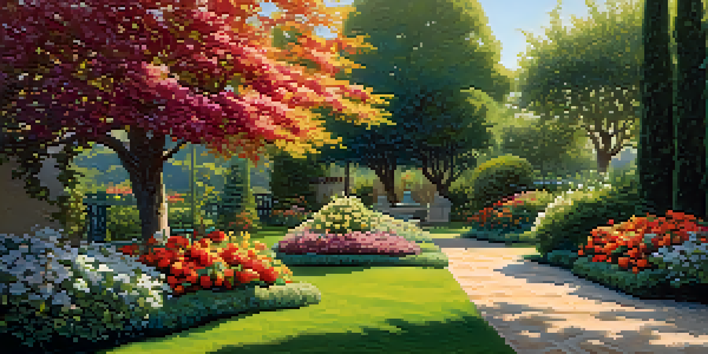 A beautifully landscaped garden with fruit trees and colorful flowers, bathed in warm sunlight, featuring a wooden bench.