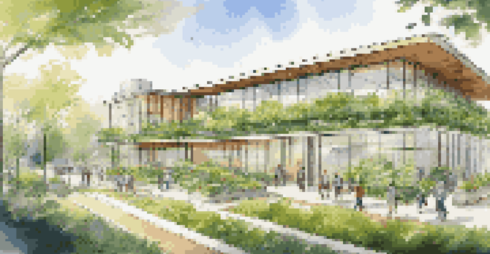 A modern office building featuring green roofs and solar panels, surrounded by greenery, with people walking in the sunlight.