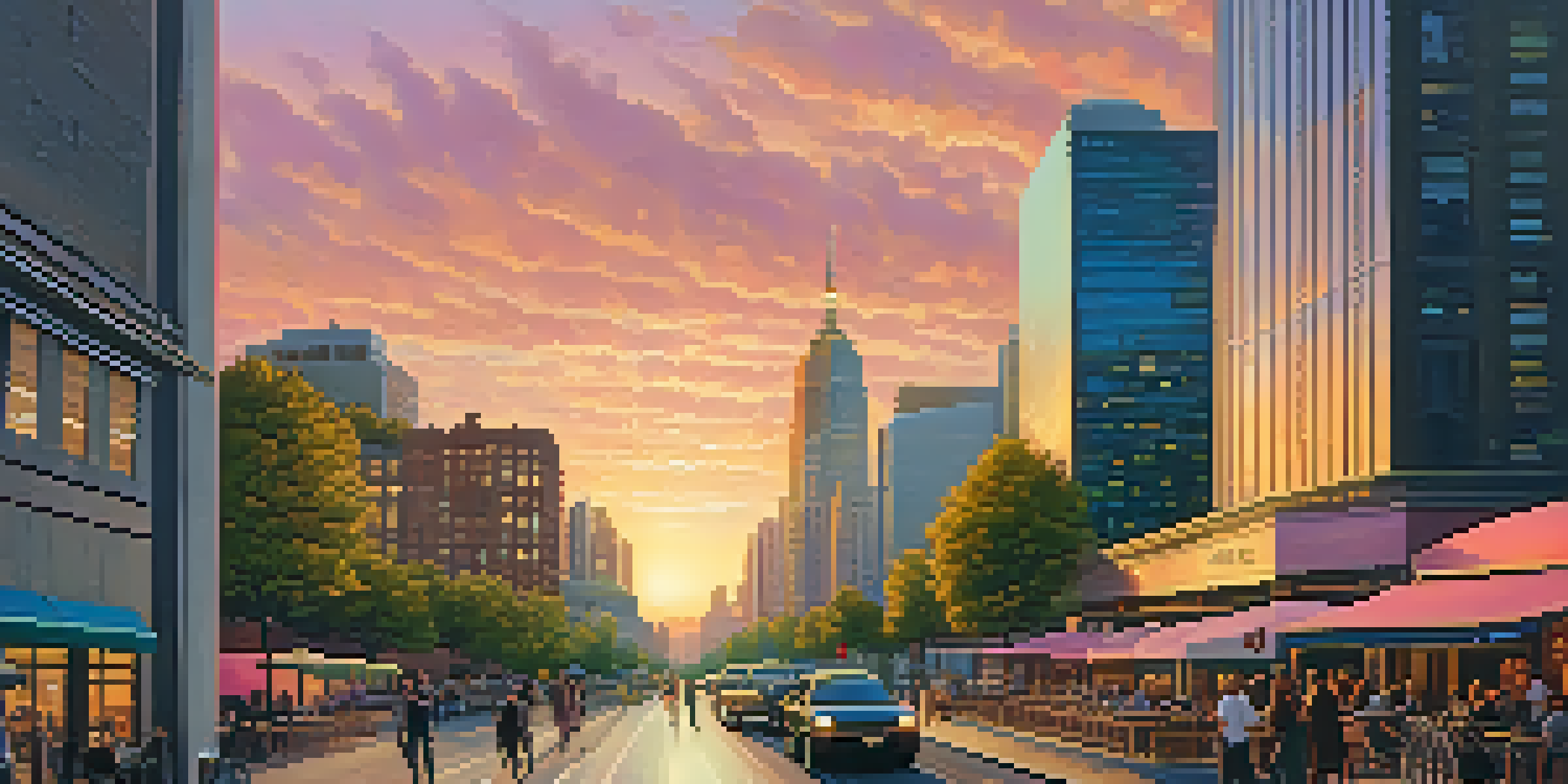 A colorful city skyline at sunset, with skyscrapers and busy streets full of people and cafes.