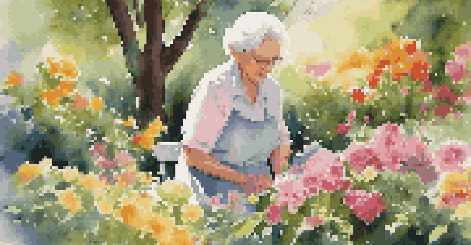 An elderly woman painting in a colorful garden, surrounded by flowers and sunlight.