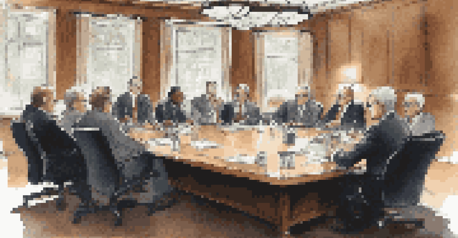 A board of directors meeting with diverse individuals discussing dividend policies, surrounded by financial graphs and reports.