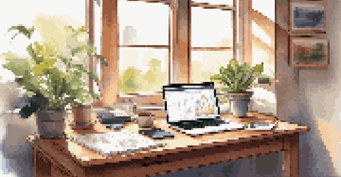 An office workspace with a wooden desk, an open laptop showing stock charts, and a coffee cup, illuminated by sunlight streaming through a window.