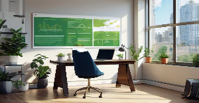 A modern office space with a desk, laptop, plants, and motivational quotes, illuminated by natural light.