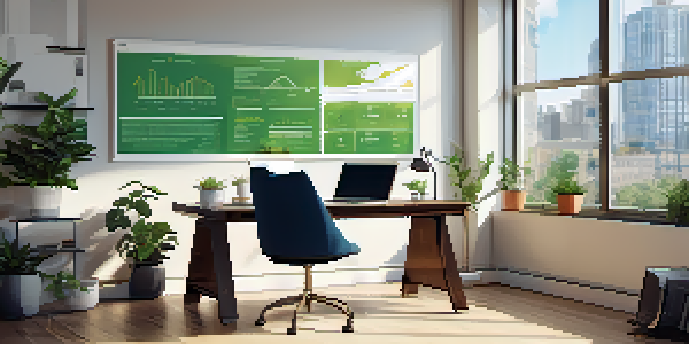 A modern office space with a desk, laptop, plants, and motivational quotes, illuminated by natural light.