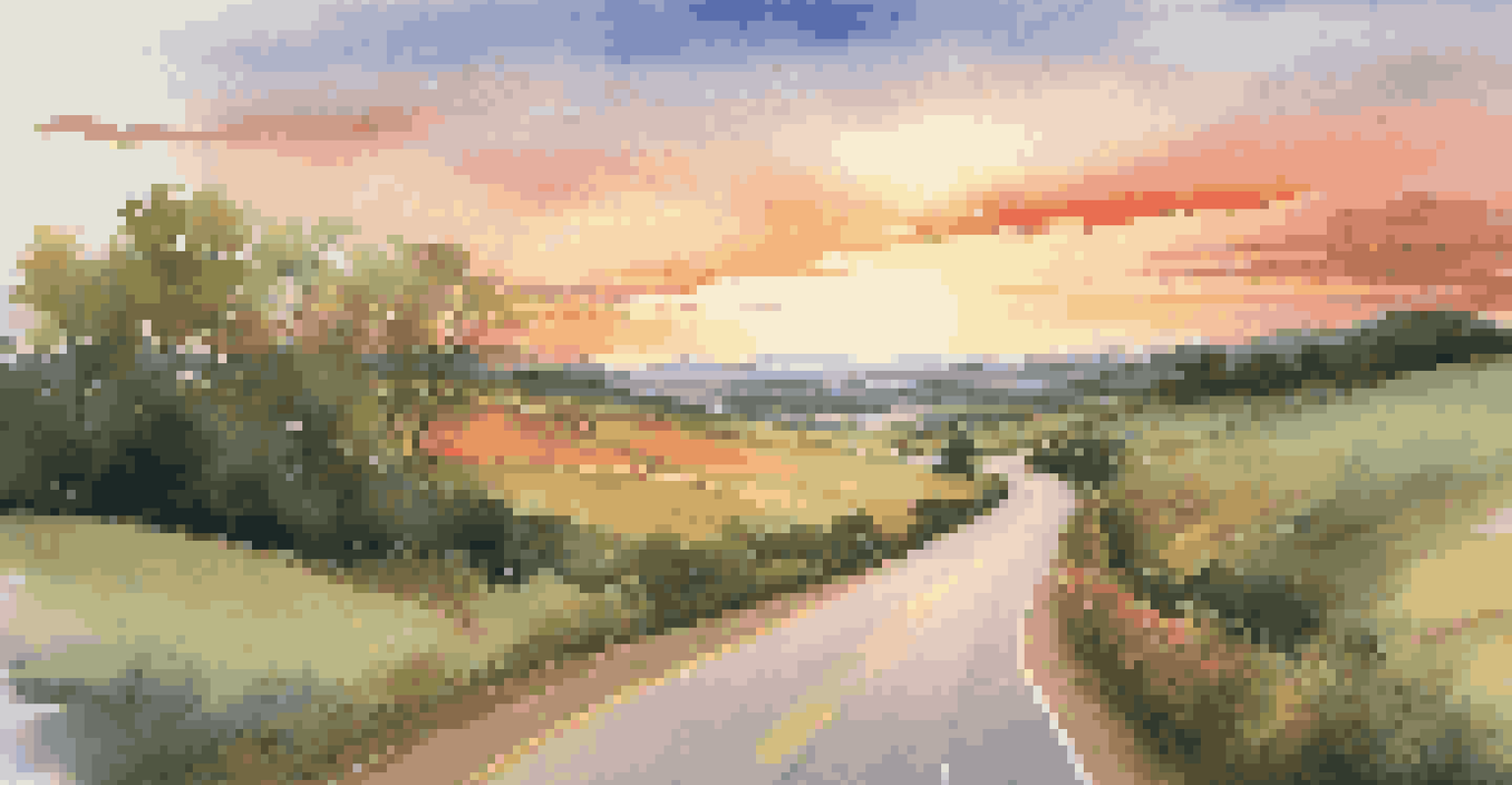 A winding road leading towards a sunset horizon, surrounded by lush greenery, symbolizing a journey of transition.