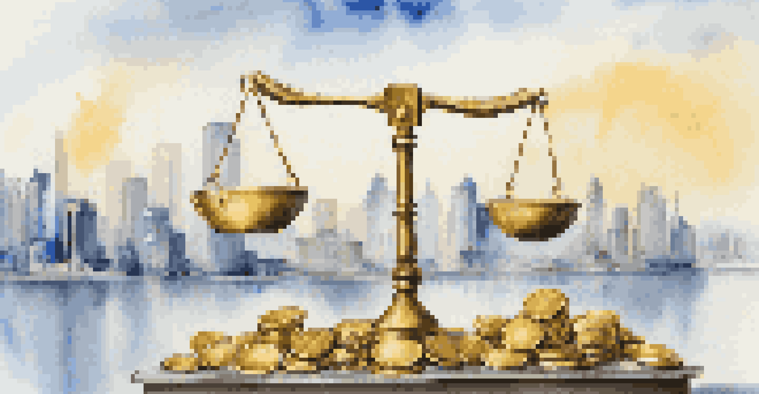 A scale balancing gold coins and a gavel, symbolizing the conflict between ethics and profit in finance, with a city skyline in the background.