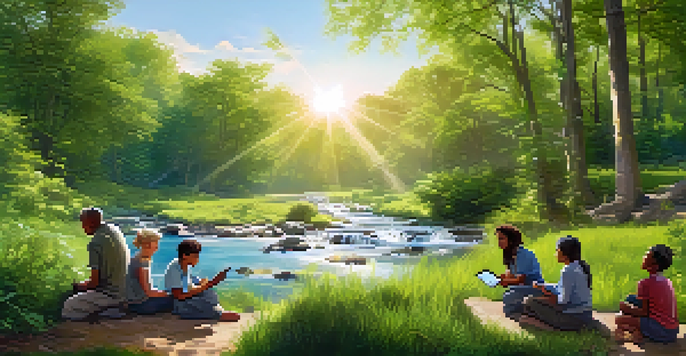 A diverse group of individuals discussing sustainable practices in a green forest with sunlight and a stream.