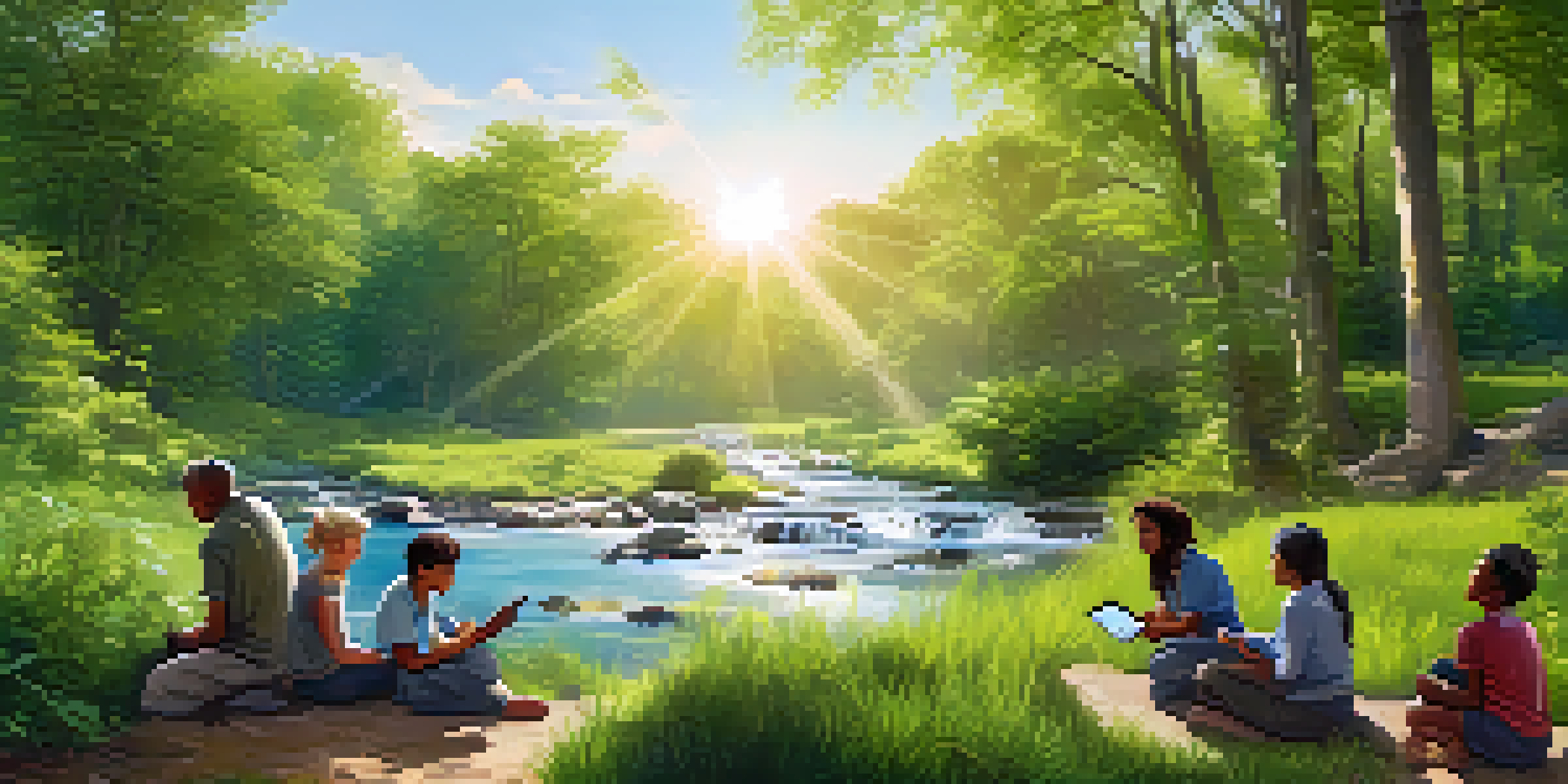 A diverse group of individuals discussing sustainable practices in a green forest with sunlight and a stream.