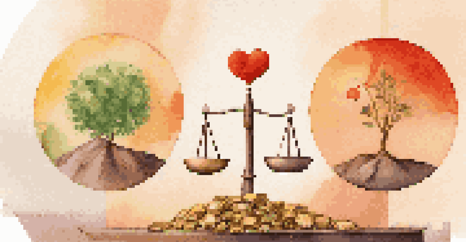 An abstract scale balancing financial symbols and social good symbols in a warm to cool color gradient background.