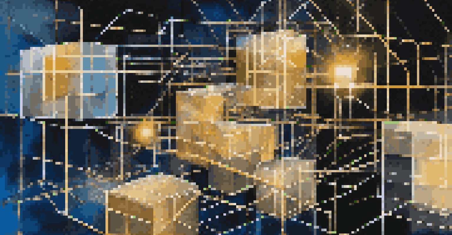 An abstract image of interconnected blocks representing blockchain technology, with glowing lines and a dark background.