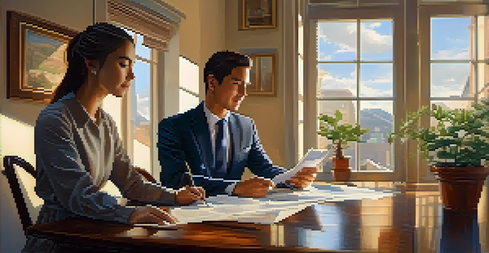 A young couple reviewing financial documents at a table with a potted plant and coffee, illuminated by warm sunlight.
