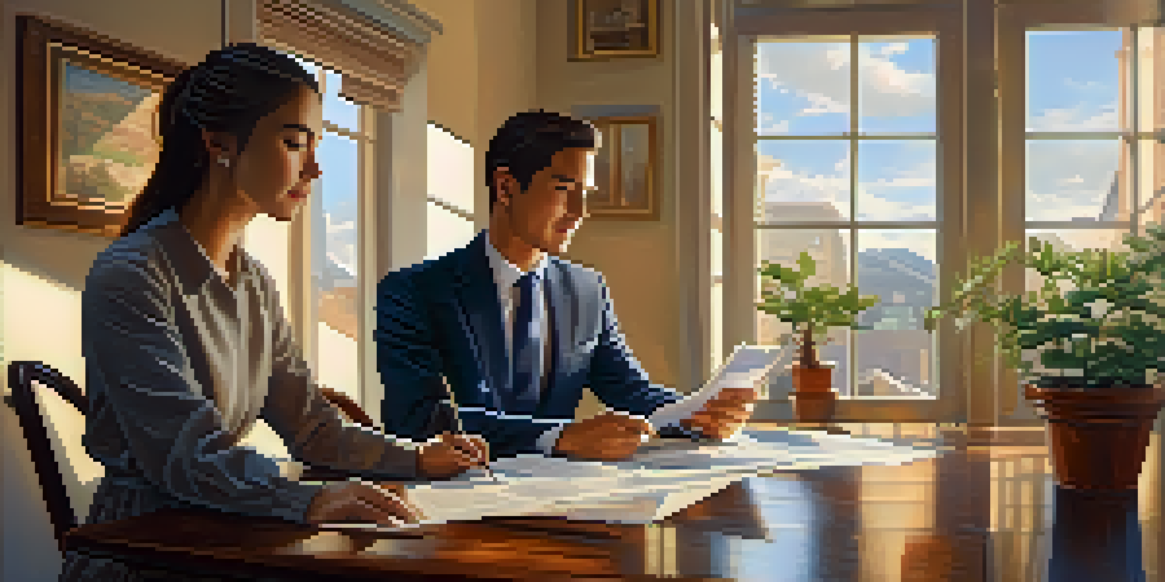 A young couple reviewing financial documents at a table with a potted plant and coffee, illuminated by warm sunlight.