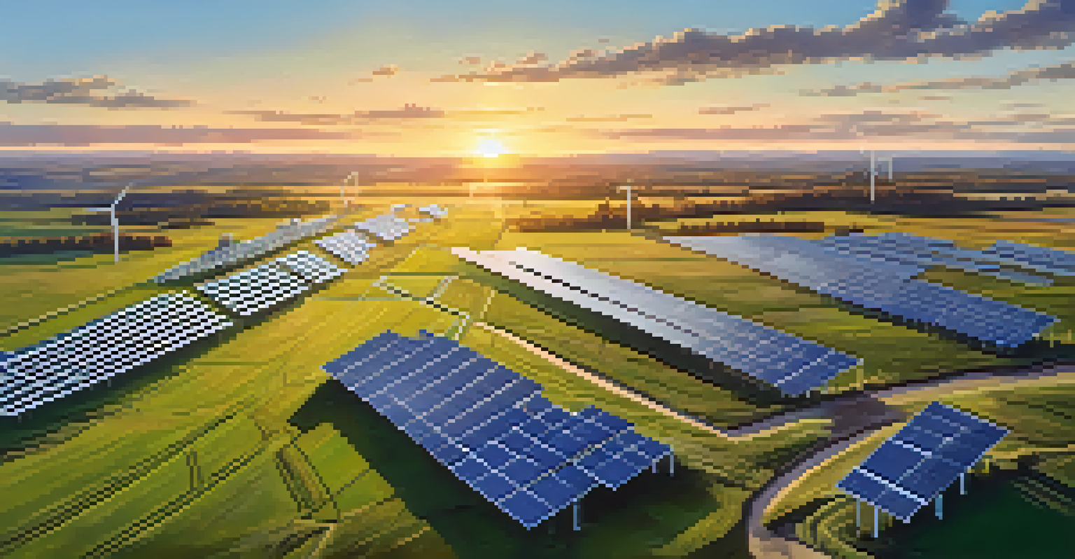 Aerial view of a solar farm and wind turbines in a green landscape during sunset, illustrating renewable energy infrastructure.
