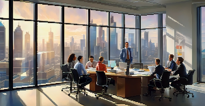 A diverse group of employees discussing around a conference table in an office with a city skyline view through a large window.
