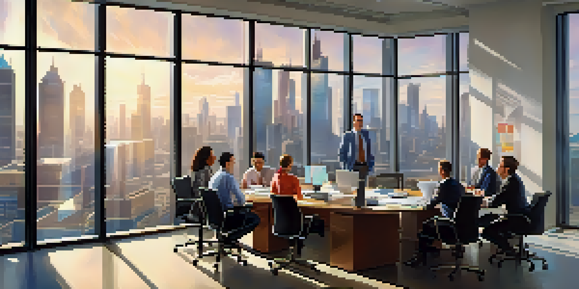A diverse group of employees discussing around a conference table in an office with a city skyline view through a large window.