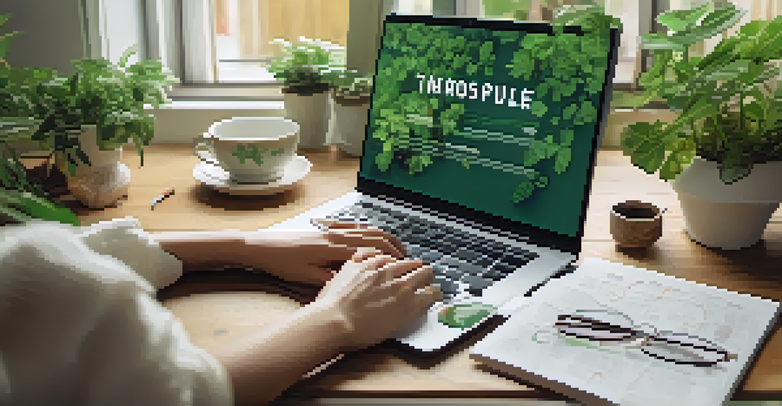 Close-up of hands typing on a laptop with sustainable investment options on the screen, surrounded by plants and tea.