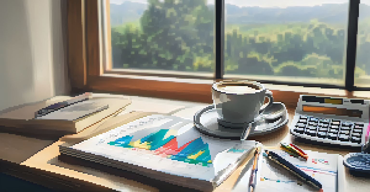 A desk with financial planning tools including a calculator and charts, with natural light coming through a window.