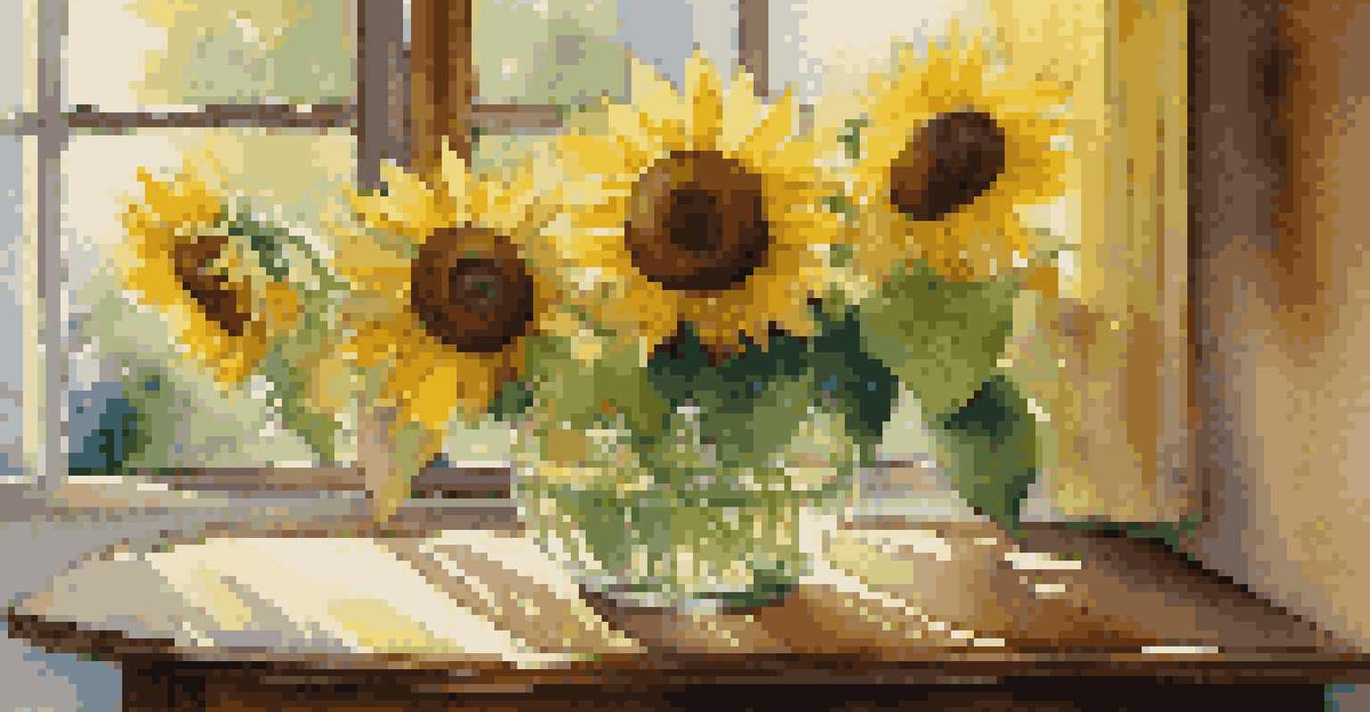 A vintage vase with sunflowers on a wooden table, illuminated by sunlight.