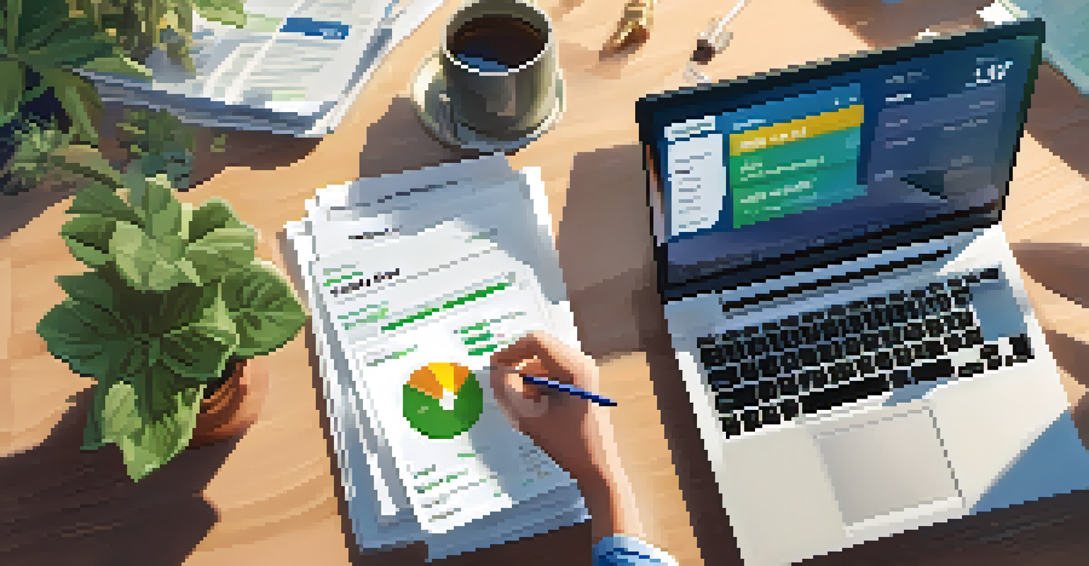 An overhead view of a person reviewing their credit score on a laptop, with financial documents and a smartphone in a well-lit environment.