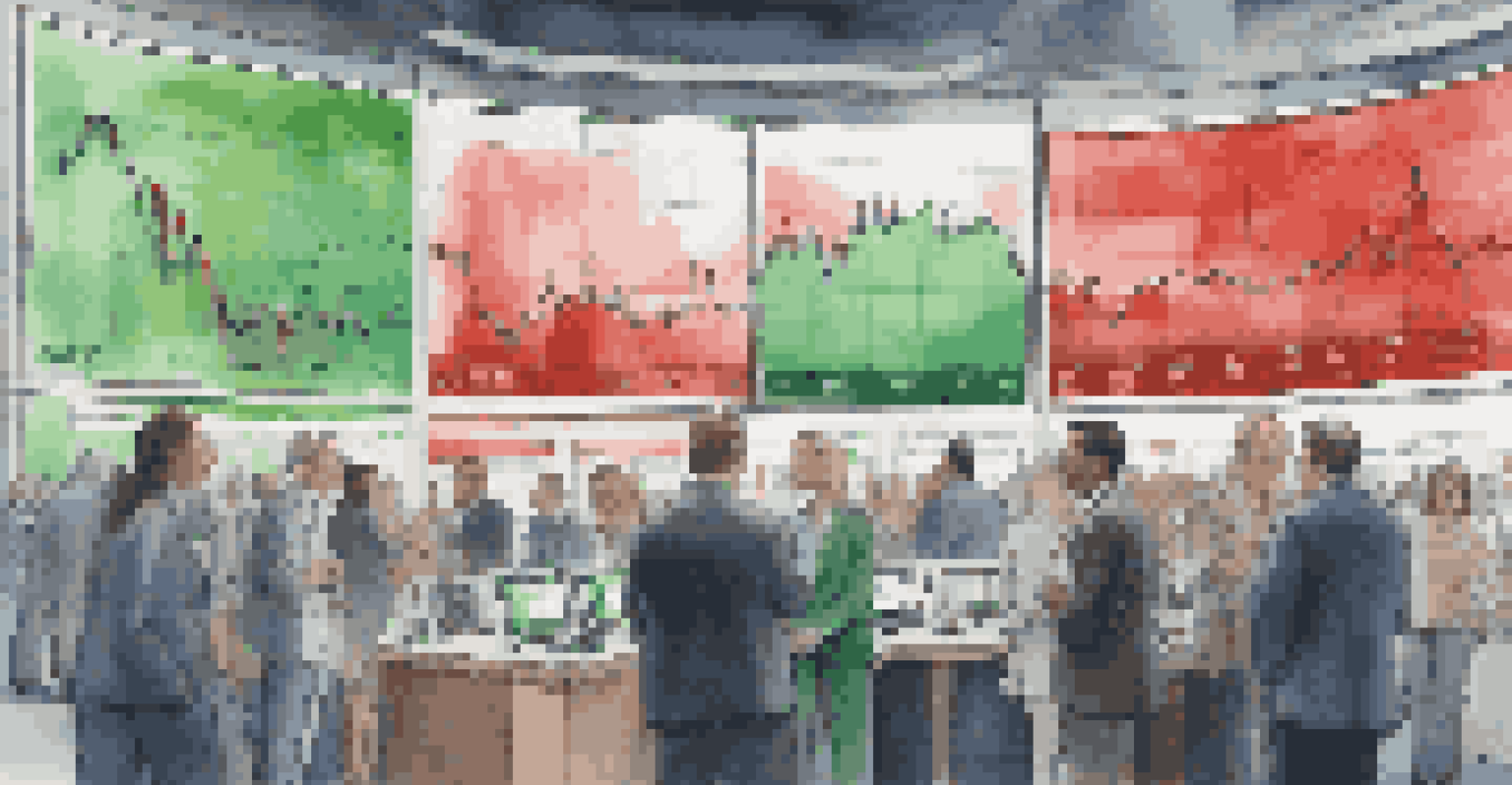 A vibrant stock market scene with investors analyzing market trends on digital screens showing stock price indicators.