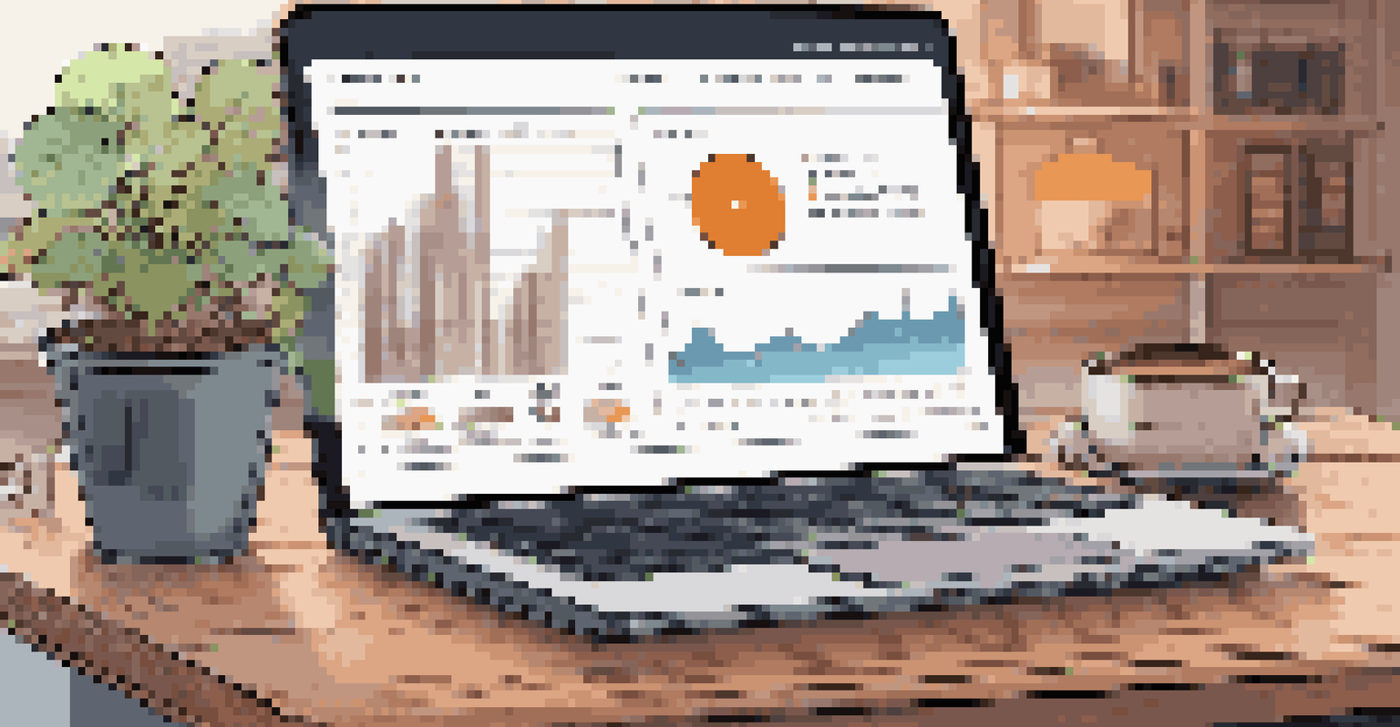A laptop screen showing a cryptocurrency project dashboard with graphs and metrics on a wooden desk.