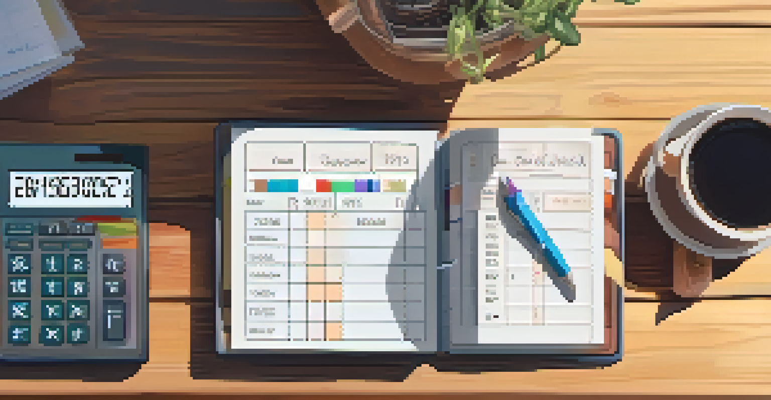 A hand holding a calculator next to a notepad with cash flow metrics and a cup of coffee on a wooden table.