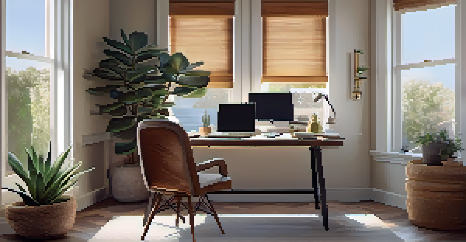 A cozy home office with a sleek desk, a laptop, and a plant, illuminated by soft natural light from a window.