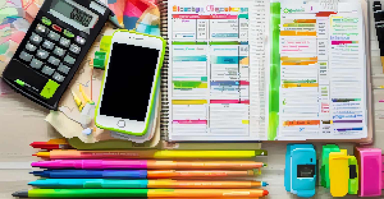 An overhead view of a budgeting planner with colorful pens and a smartphone on a table.