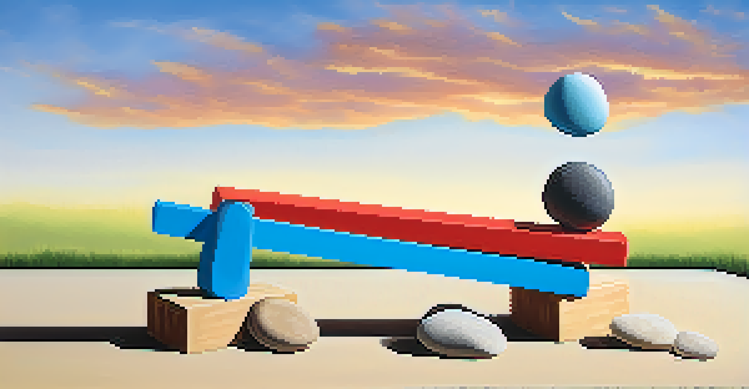 A seesaw in a playground with colorful blocks on one side and smooth stones on the other, against a blue sky with clouds, symbolizing balance in investments.